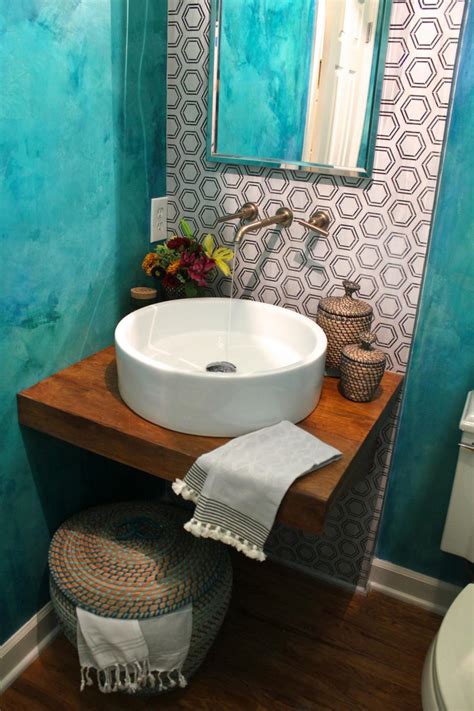 Teal Powder Room With Floating Wood Countertop Hgtv