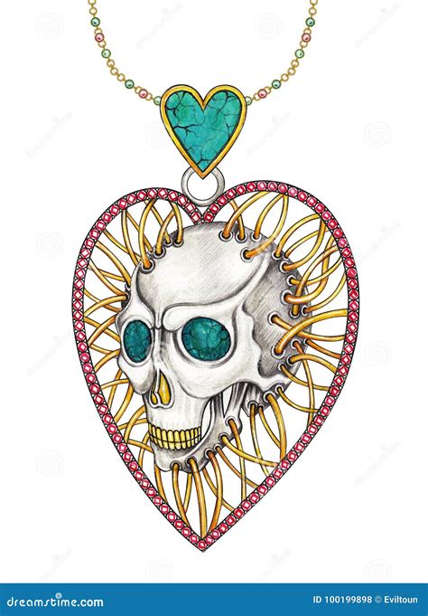 Jewelry Design Art Heart Mix Skull Pendant Stock Illustration