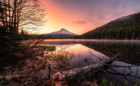 1907x770 Nature Landscape Mist Lake Mountain Trees Snowy Peak Sunrise