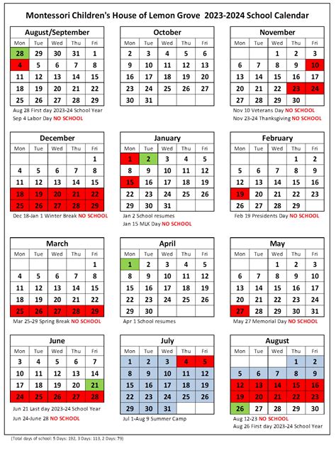 2023 2024 School Year Calendar Montessori Childrens House Of Lemon Grove