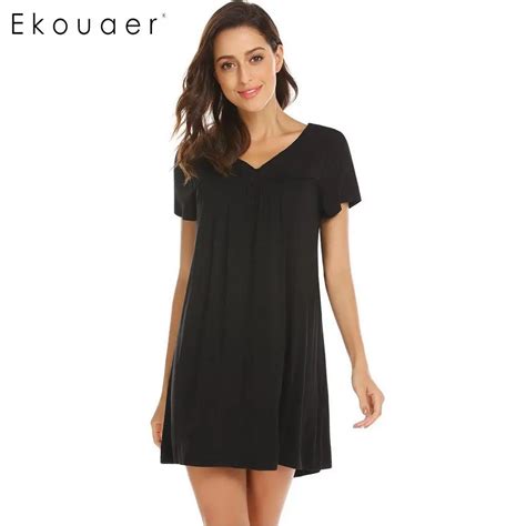 Ekouaer Casual Nightgown Sleepwear Women Chemise Sleepshirts Solid Ruch