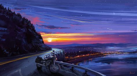 Wallpaper Aenami Digital Art Sunset Motorcycle