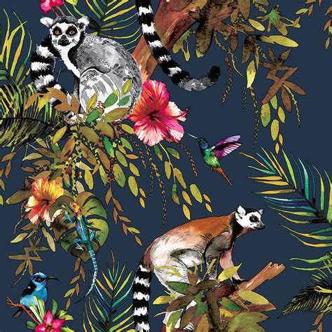 Holden Jungle Tropical Lemur Rainforest Animals Exotic Wallpaper Navy 12403