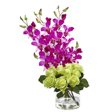 Nearly Natural Indoor Rose And Dendrobium Orchid Artificial Arrangement 1589 Og The Home Depot