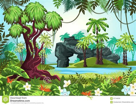Jungle Forest River Graphic Black White Landscape Sketch Illustration