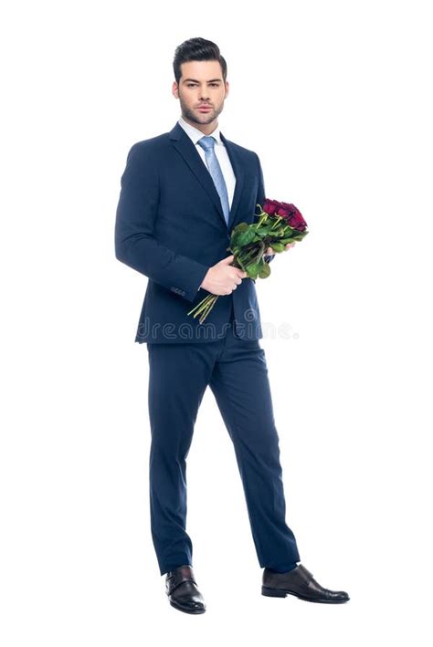 Handsome Man Holding Bouquet Of Red Roses Stock Image Image Of Isolated Valentine 119801467