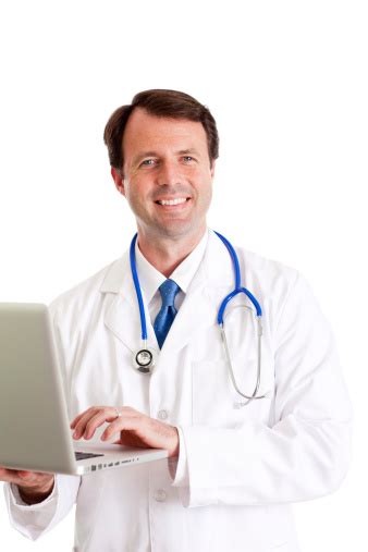 Happy Male Doctor Holding Laptop Computer Stock Photo Download Image