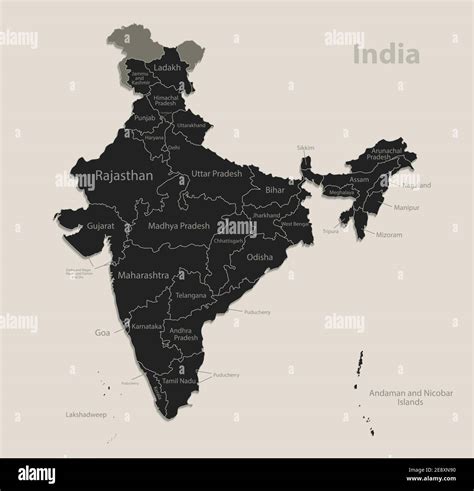 Black Map Of India With Names Of Regions Design Blackboard Vector