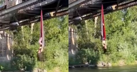 woops vrouw hangt vast in hangmat onder brug fails zita