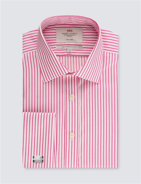 Men S Formal Pink White Stripe Slim Fit Shirt Double Cuff Non