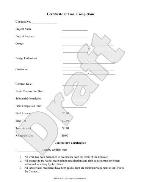 Sample Certificate Of Final Completion Form Template