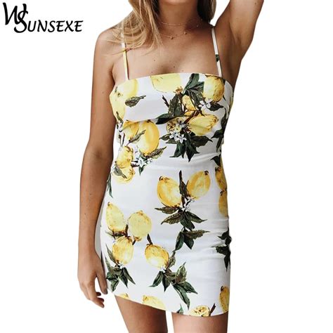 Buy 2018 Summer New Beach Sundress Women Lemon Printed Mini Dress Female Sexy