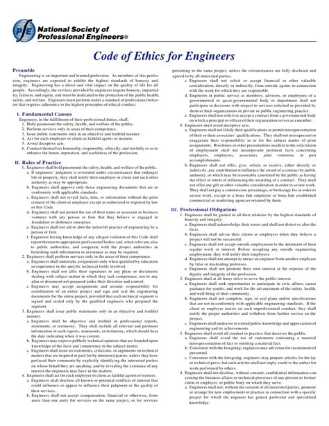 The code should instruct practitioners about the standards society expects them to meet, about what their peers strive for, and about what to expect of one another. Nspe Codeof Ethics