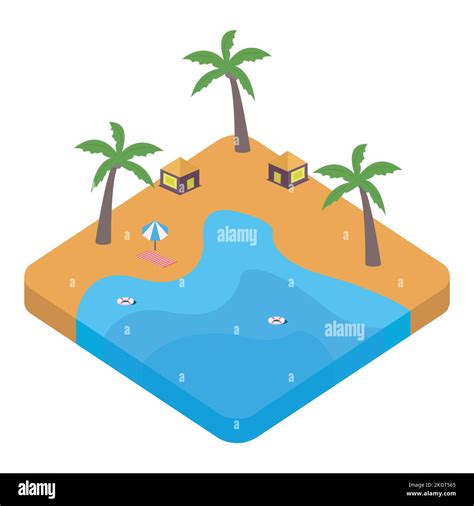 2 5d sandy beach vector design with lifebuoy and resort concept sandy beach vector with 2 5d