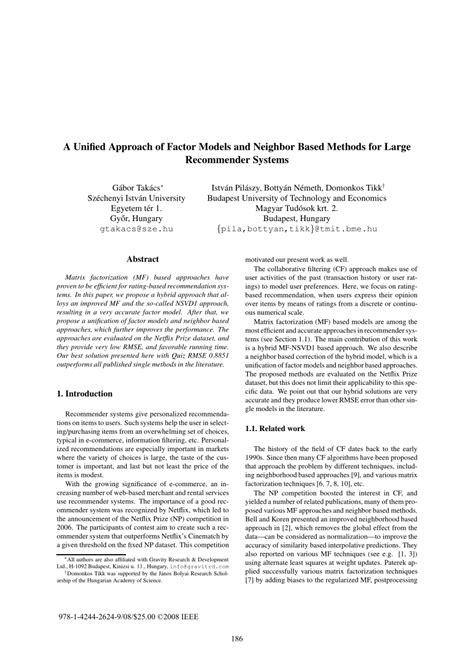 Pdf A Unified Approach Of Factor Models And Neighbor Based Methods For Large Recommender Systems