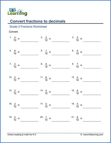 Please visit learn decimals or fractions and decimals to view our large collection of printable worksheets. Grade 3 Math Worksheets: Convert fractions to decimals | K5 Learning