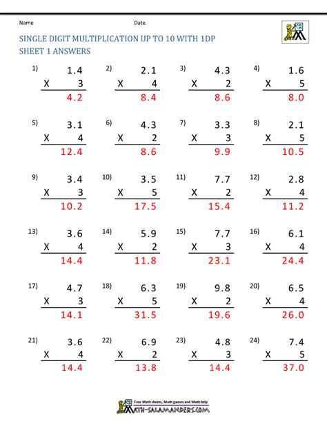 Multiplying Decimals Worksheets Answers