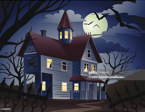 Cartoon Of Spooky Haunted House And Bats At Night High Res Vector