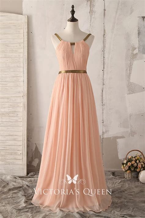 Gold Straps Peach Pleated Chiffon Long Bridesmaid Dress Vq