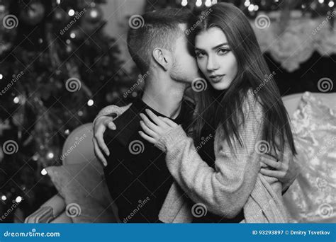 Romantic Couple Hugging In Christmas Interior Stock Image Image Of