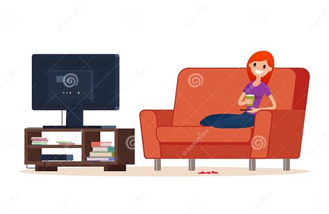 Young Happy Woman Is Watching Tv Vector Illustration Flat Style