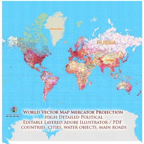 World Mercator Projection Political Vector Map High Detailed Fully