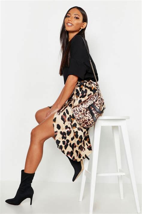 Leopard Print Satin Wrap Midi Skirt Boohoo In 2021 Midi Skirt