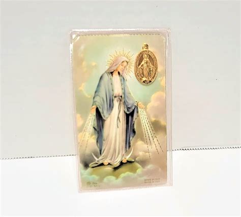 Vintage Virgin Mary Miraculous Medal On Prayer Card