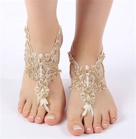 free ship ivory gold beaded barefoot sandals lacebarefoot sandals french lace beach wedding