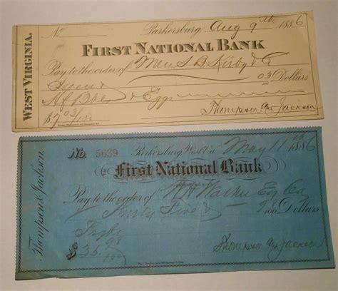 First National Bank Parkersburg Wv West Virginia Check 1886 Blue One