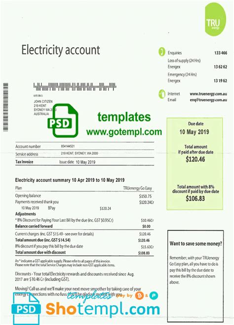 Australia Tru Electricity Utility Bill Template Fully Editable In Psd