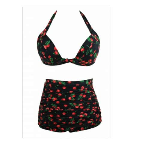 Cherry Print Black High Waist Bikini Swimsuit Emfed
