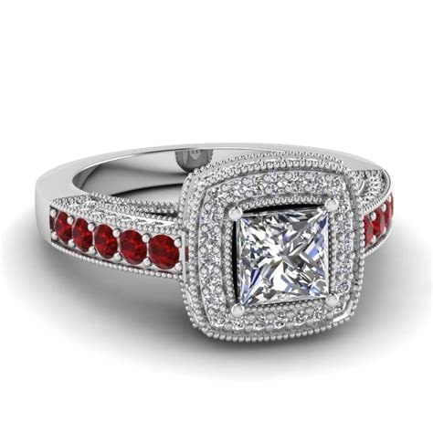 Princess Cut Square Halo Victorian Diamond Engagement Ring With Ruby In