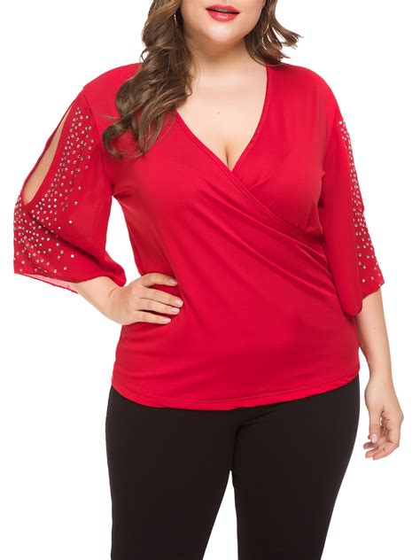 Sexy Dance Womens Plus Size Cinch Sleeve Blouse Casual V Neck Sequin