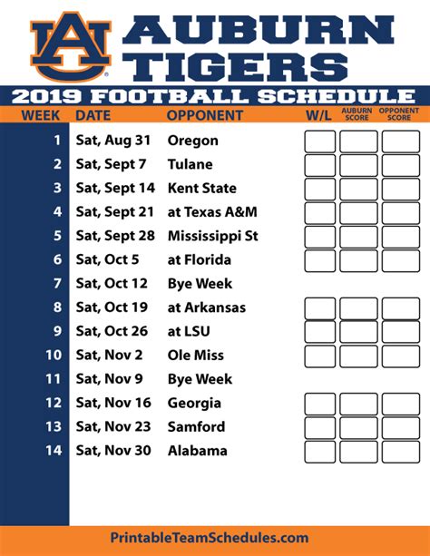The latest auburn team stats, ncaa football futures & specials, including vegas odds the tigers winning the college football playoff national championship, auburn ncaa football news & other info on the samford vs auburn 2019 college football week 13 lines & expert prediction when: 2019 Printable Auburn Football Schedule | Auburn football ...