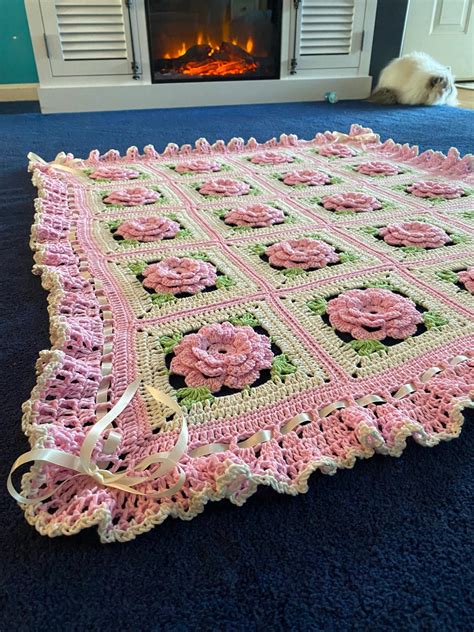 Cotton Crochet Rose Blanket Throw Floral Afghan Etsy