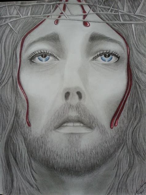 Graphite Drawing Of Jesus Christ With Red Blood In Color Pencils