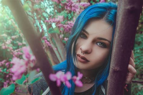Nose Rings Depth Of Field Dyed Hair Blue Hair Portrait Face Women