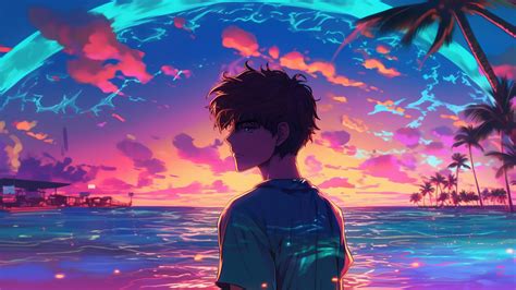 1366x768 Boy Vaporwave Sunset Glow Palm Trees Yacht Relaxing Laptop Hd