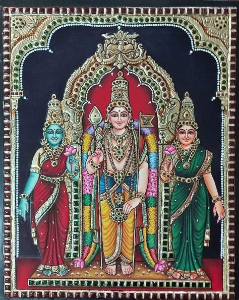 Lord Muruga With Valli And Devayani 1 Tanjore Painting 16 X 20