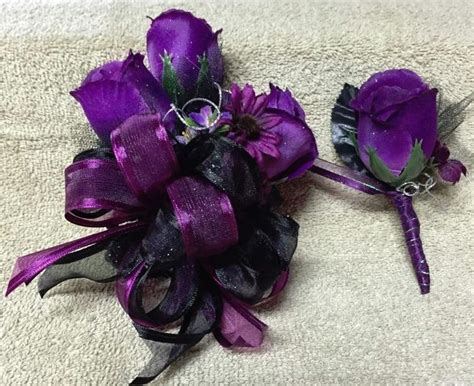 Prom Purple Black Wrist Corsage With Matching Boutineer In