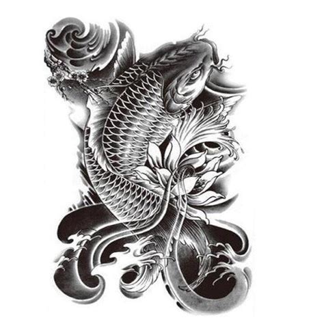 This tattoo consists of blue koi fish above pink flowers. Large Koi Fish Temporary Tattoo Black - TEMPOTATS