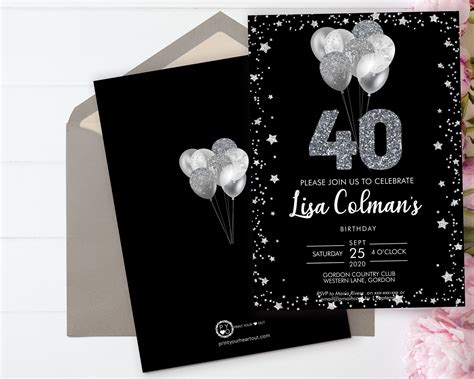 Diy 40th Birthday Balloons Invitation Printable Template Black Silver