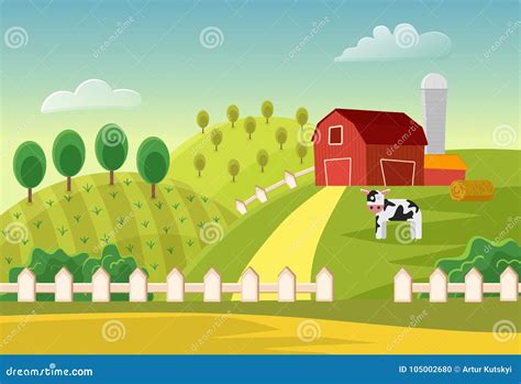 Cartoon Vector Farm Landscape Field With Farmers Buildings And Cow