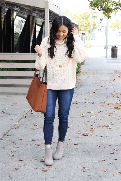 Cream Cable Knit Sweater Cognac Tote Skinny Jeans Taupe Booties