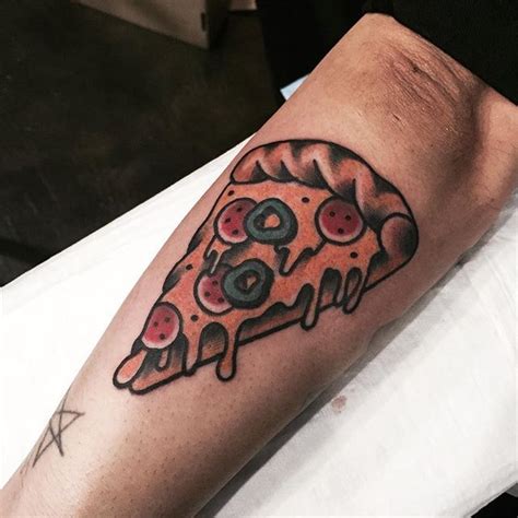 Yummy Traditional Slice Of Pizza Tattoo Inked On The Left Forearm Text Tattoo Ink Tattoo Paw