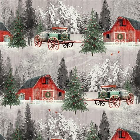 Red Barn Scenic Fabric Holiday Wishes Henry Glass Red Barn Christmas