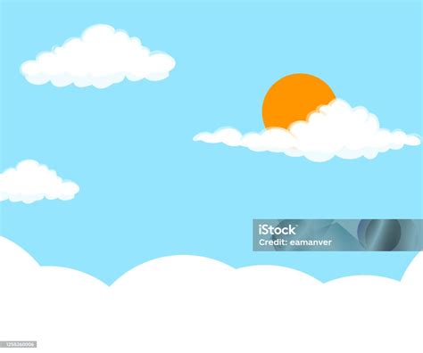 Langit Biru Dengan Awan Dan Latar Belakang Kartun Matahari Ilustrasi