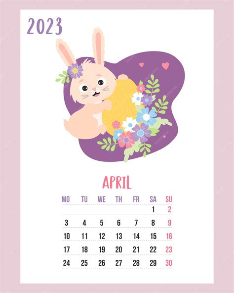 Premium Vector April 2023 Calendar Cute Easter Bunny With Easter Egg