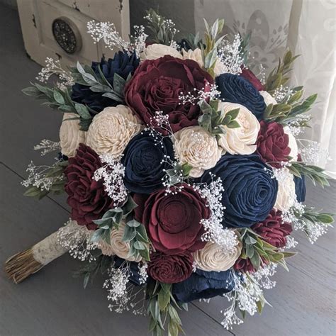 Navy Burgundy And Ivory Sola Wood Flower Bouquet With Babys Breath